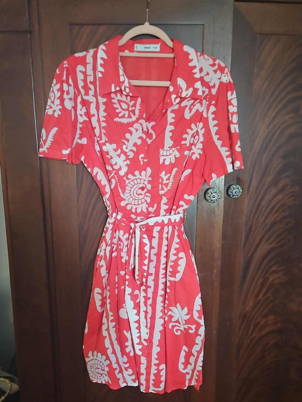 Mango Coral Red & White Printed Belted Shirt Dress With Pockets - Size 8